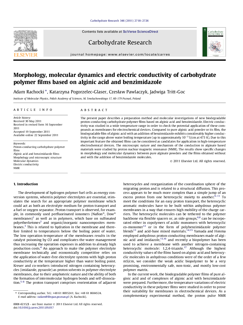 Morphology, molecular dynamics and electric conductivity of carbohydrate polymer films based on alginic acid and benzimidazole