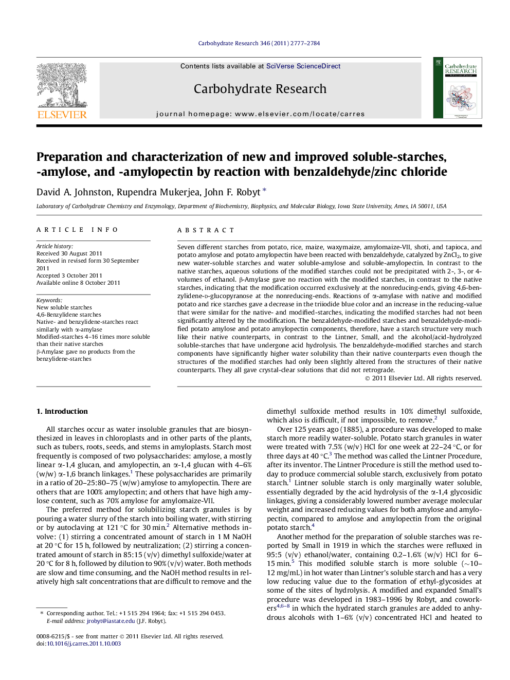 Preparation and characterization of new and improved soluble-starches, -amylose, and -amylopectin by reaction with benzaldehyde/zinc chloride