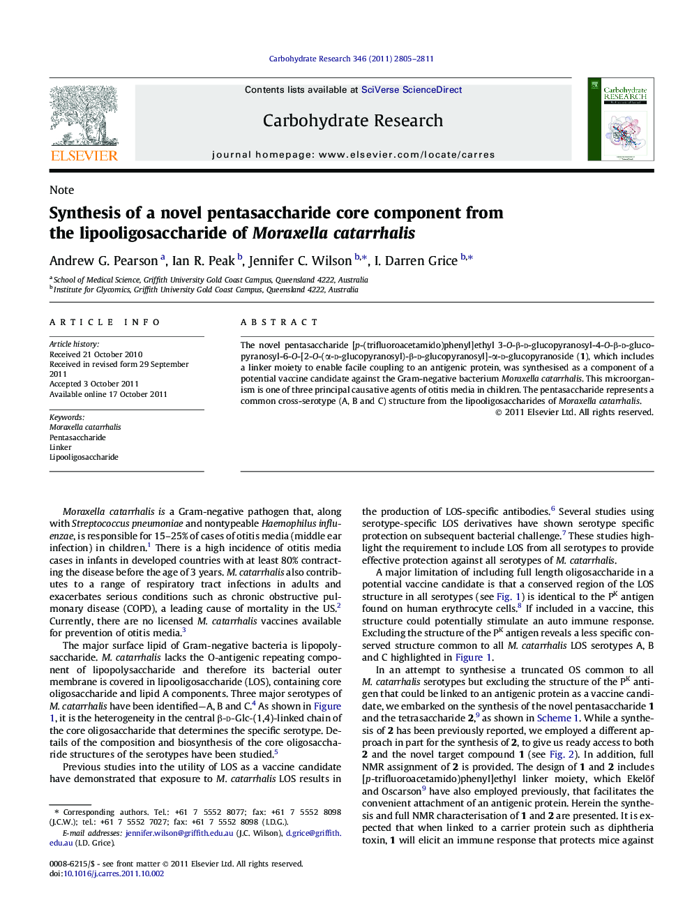 Synthesis of a novel pentasaccharide core component from the lipooligosaccharide of Moraxella catarrhalis