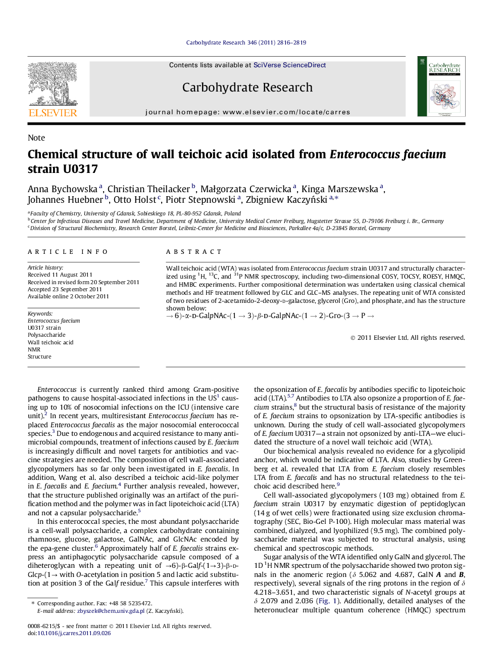 Chemical structure of wall teichoic acid isolated from Enterococcus faecium strain U0317