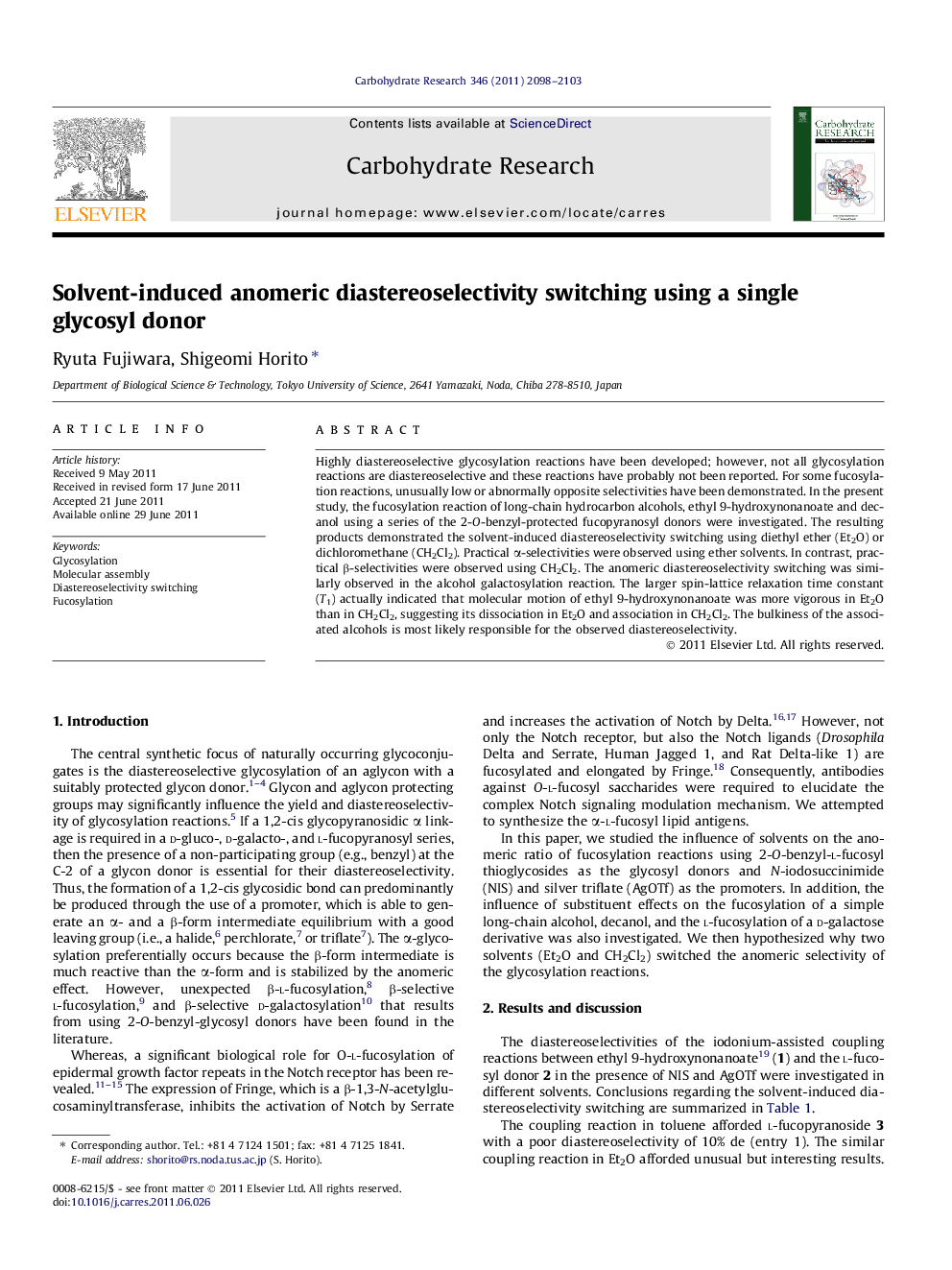 Solvent-induced anomeric diastereoselectivity switching using a single glycosyl donor