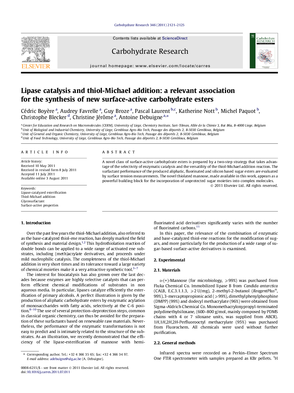 Lipase catalysis and thiol-Michael addition: a relevant association for the synthesis of new surface-active carbohydrate esters