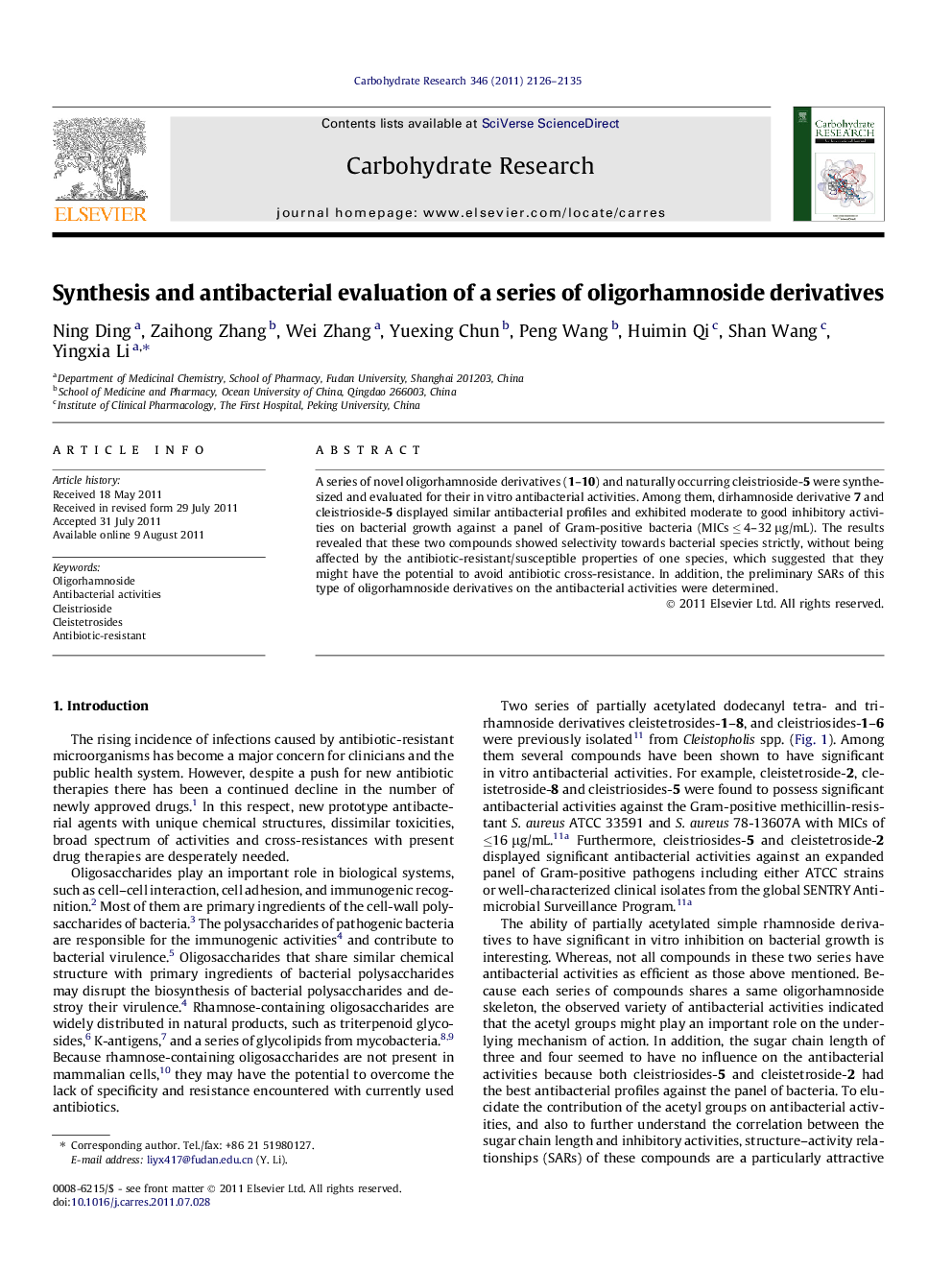 Synthesis and antibacterial evaluation of a series of oligorhamnoside derivatives