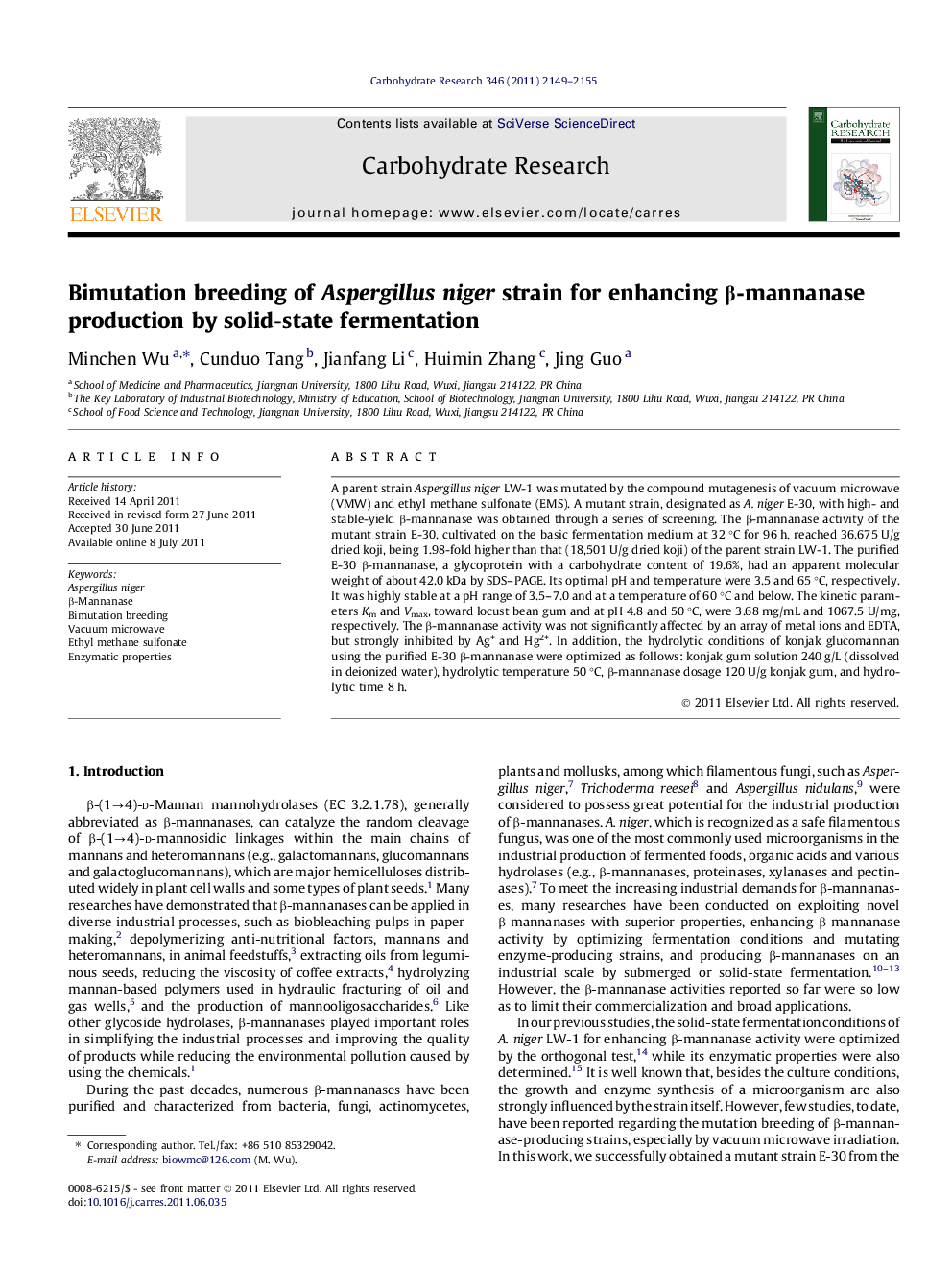 Bimutation breeding of Aspergillus niger strain for enhancing β-mannanase production by solid-state fermentation