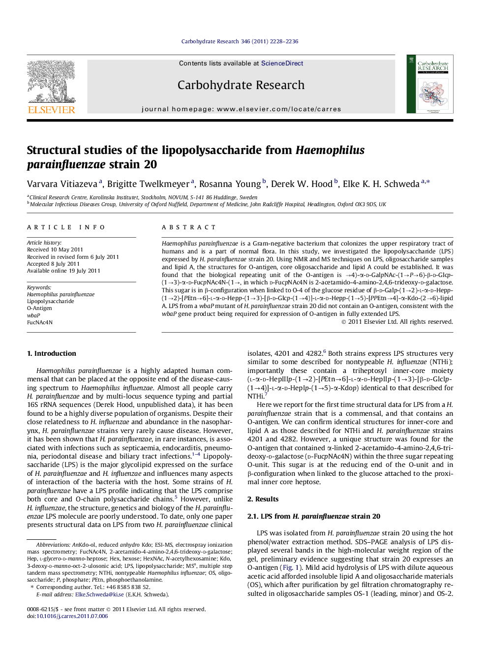 Structural studies of the lipopolysaccharide from Haemophilus parainfluenzae strain 20