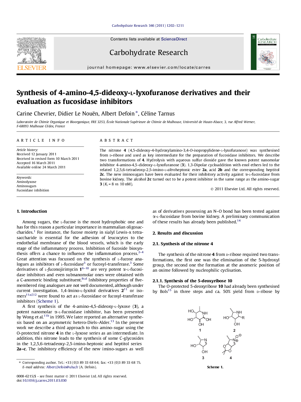 Synthesis of 4-amino-4,5-dideoxy-l-lyxofuranose derivatives and their evaluation as fucosidase inhibitors