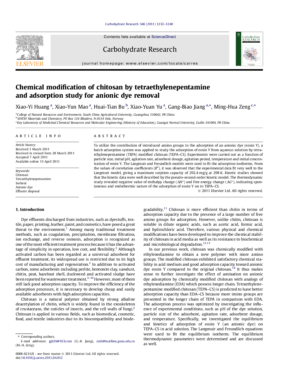 Chemical modification of chitosan by tetraethylenepentamine and adsorption study for anionic dye removal