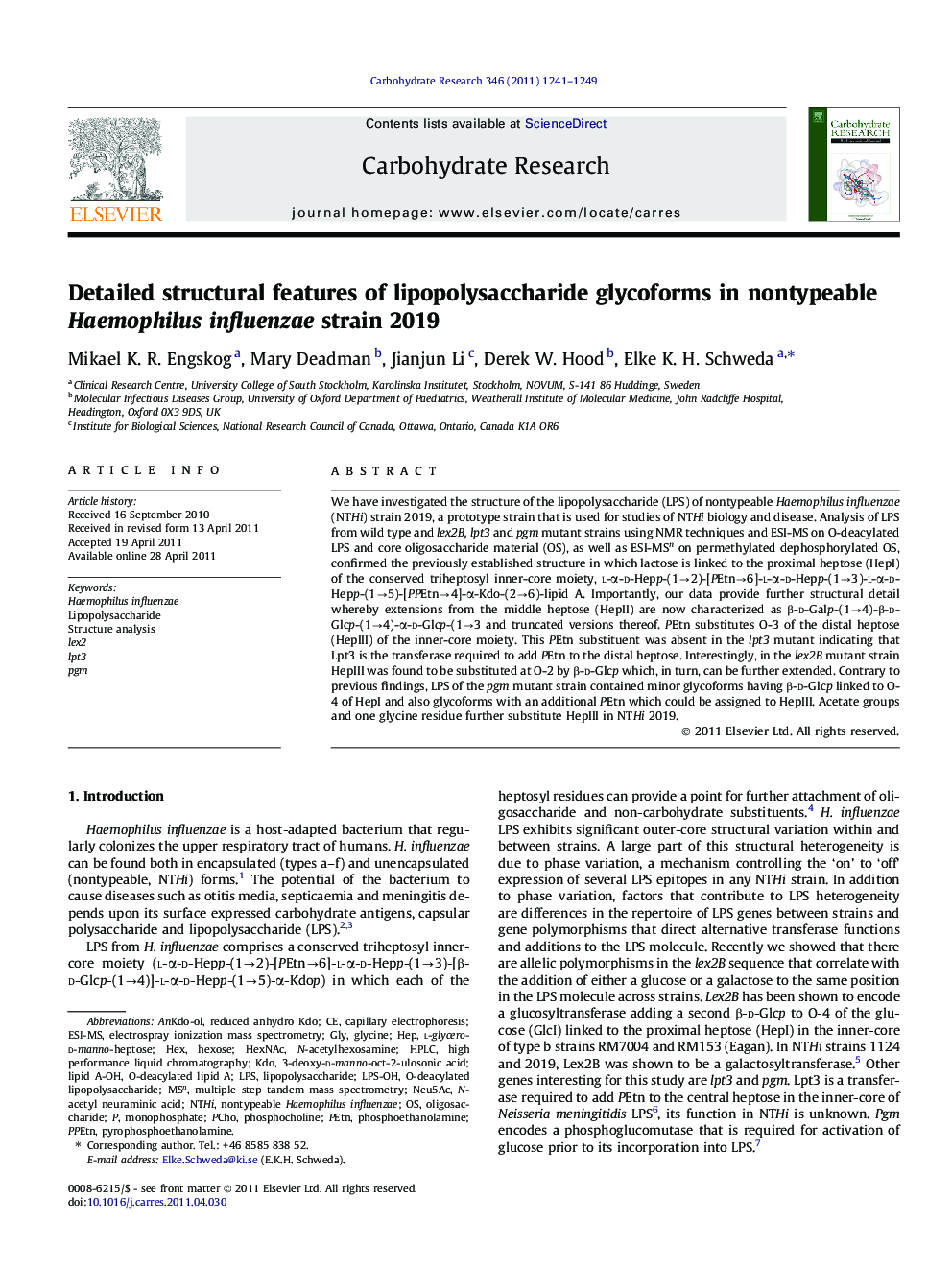 Detailed structural features of lipopolysaccharide glycoforms in nontypeable Haemophilus influenzae strain 2019