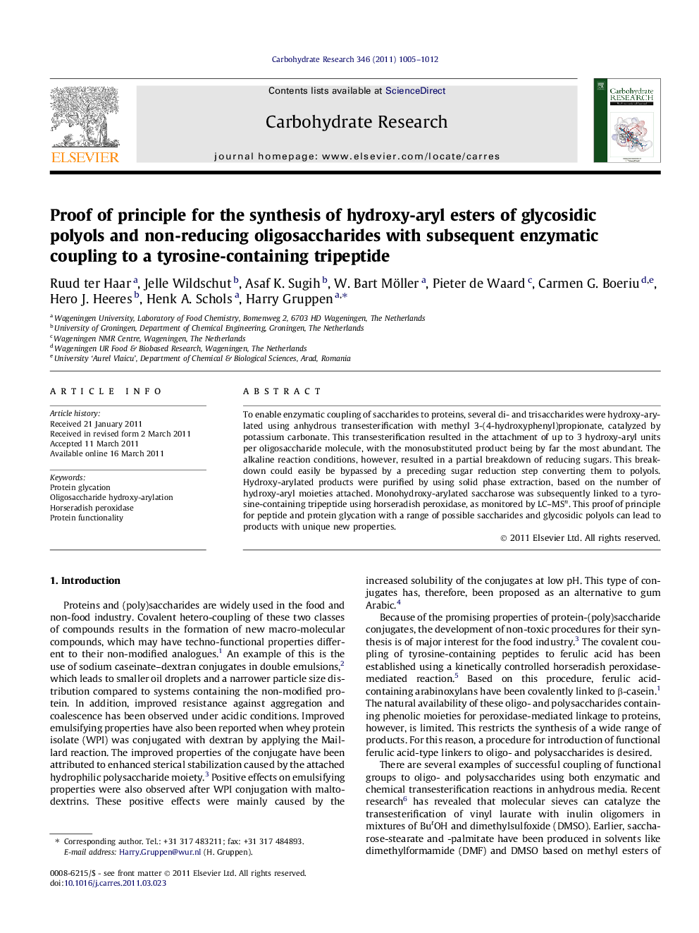 Proof of principle for the synthesis of hydroxy-aryl esters of glycosidic polyols and non-reducing oligosaccharides with subsequent enzymatic coupling to a tyrosine-containing tripeptide