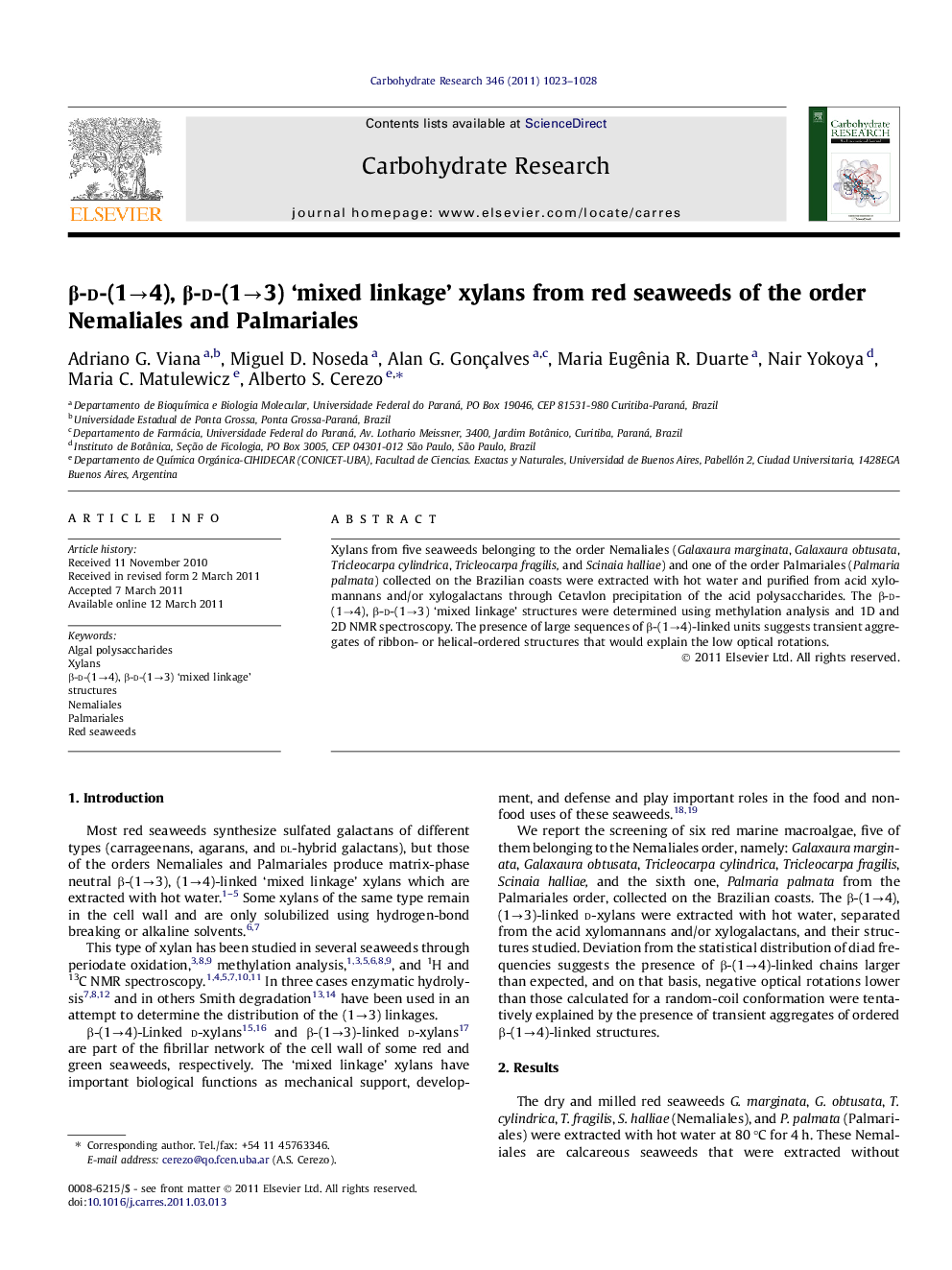 β-d-(1→4), β-d-(1→3) ‘mixed linkage’ xylans from red seaweeds of the order Nemaliales and Palmariales