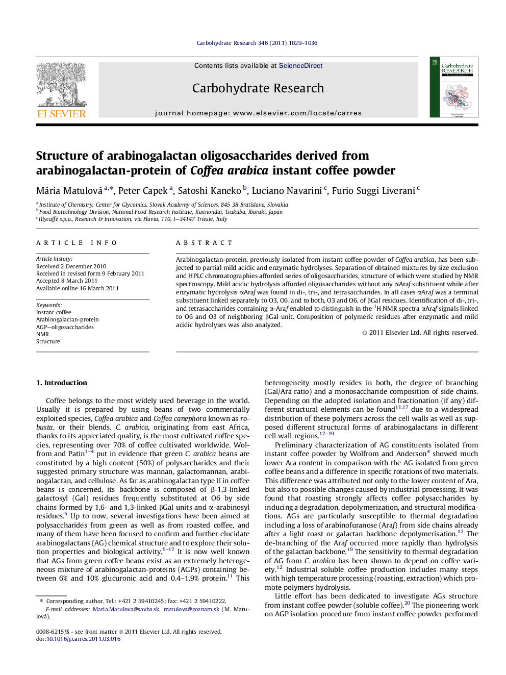 Structure of arabinogalactan oligosaccharides derived from arabinogalactan-protein of Coffea arabica instant coffee powder