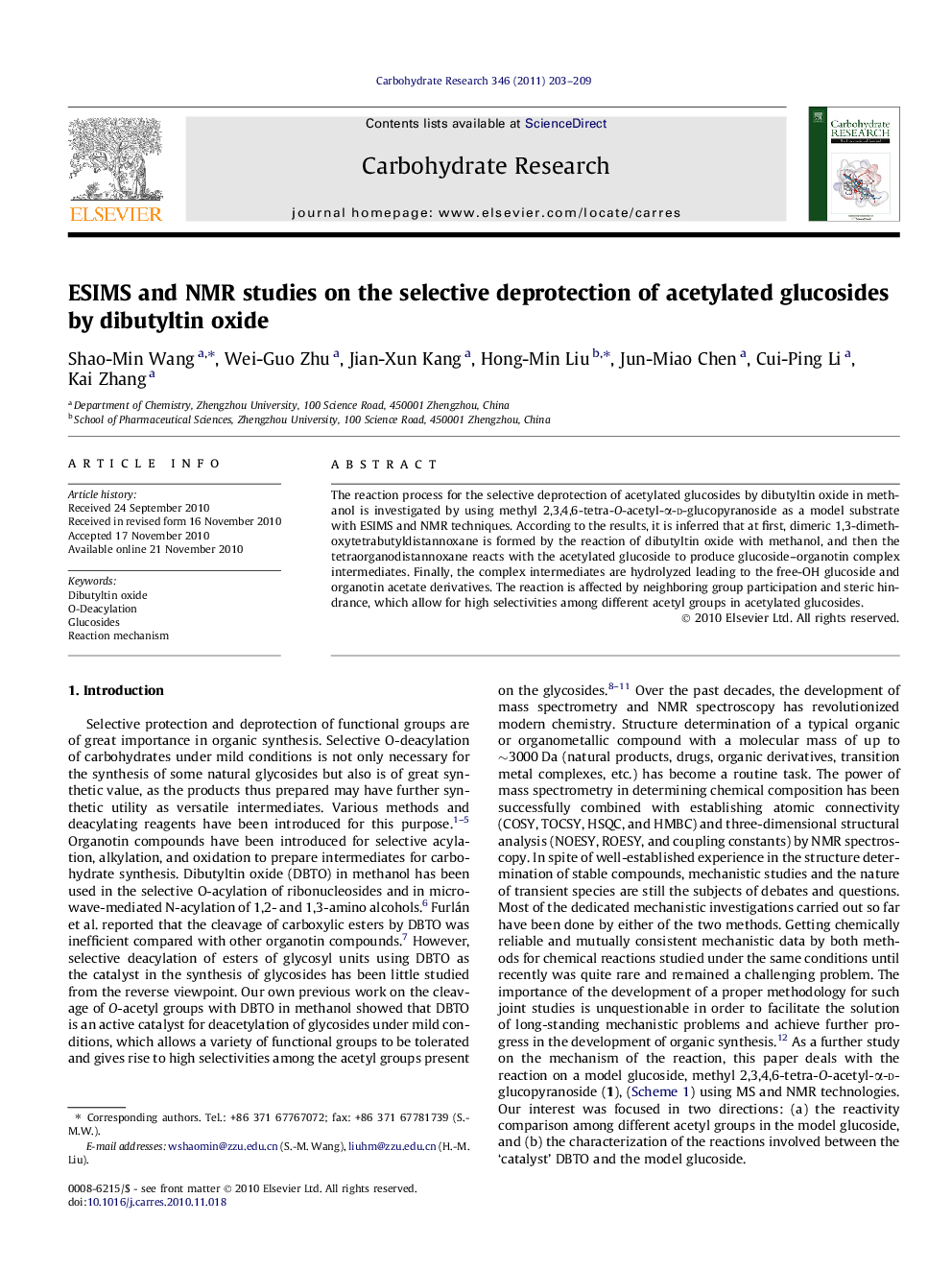 ESIMS and NMR studies on the selective deprotection of acetylated glucosides by dibutyltin oxide