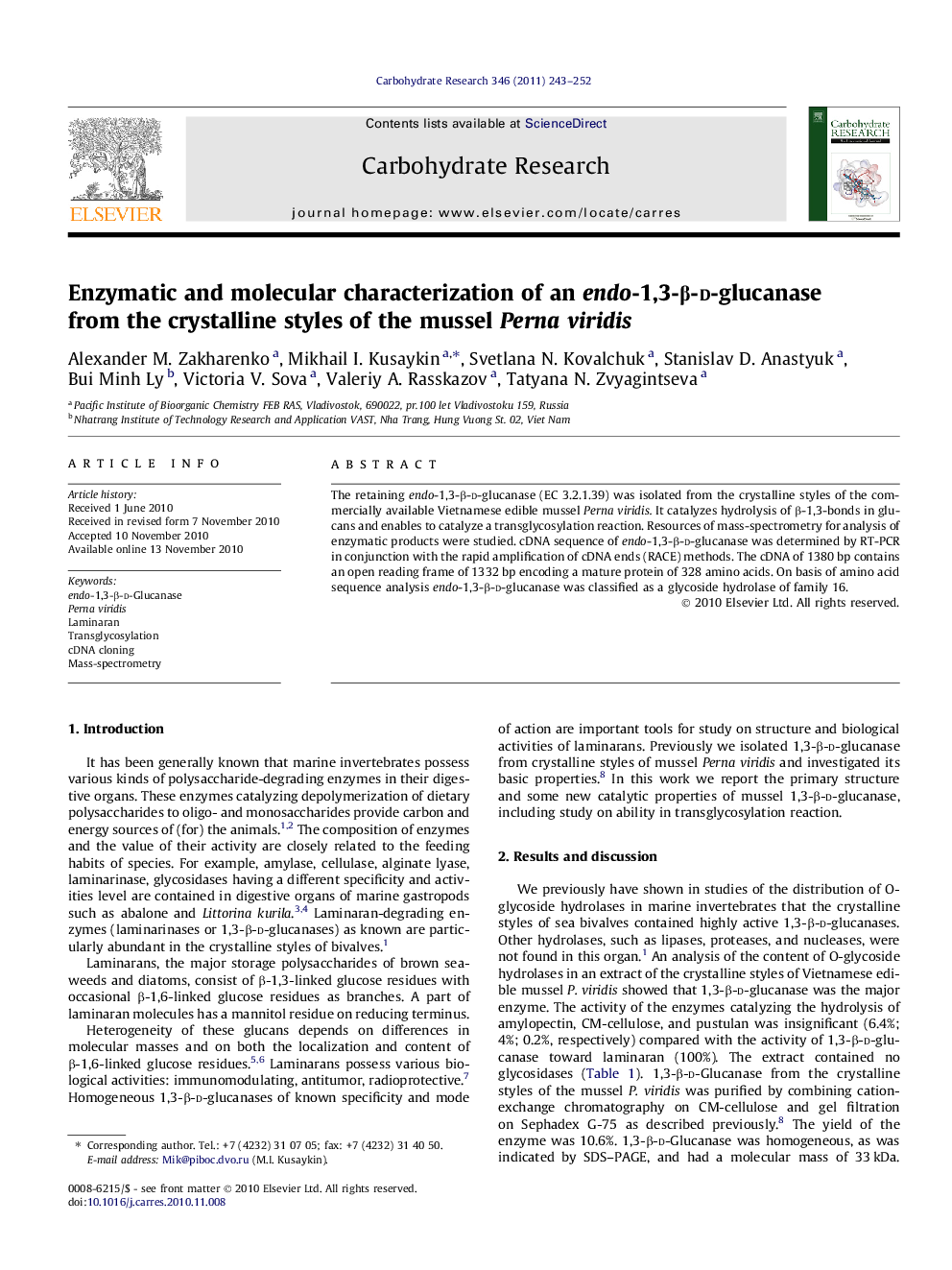 Enzymatic and molecular characterization of an endo-1,3-β-d-glucanase from the crystalline styles of the mussel Perna viridis