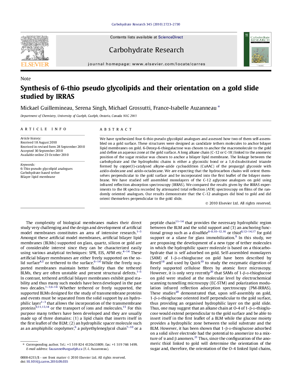 Synthesis of 6-thio pseudo glycolipids and their orientation on a gold slide studied by IRRAS