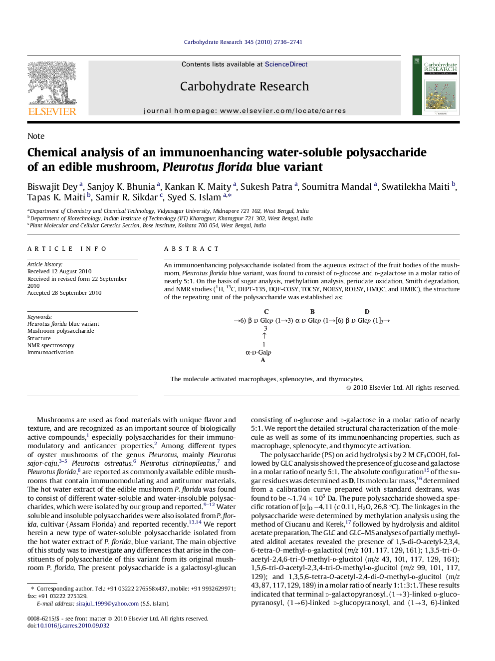 Chemical analysis of an immunoenhancing water-soluble polysaccharide of an edible mushroom, Pleurotus florida blue variant