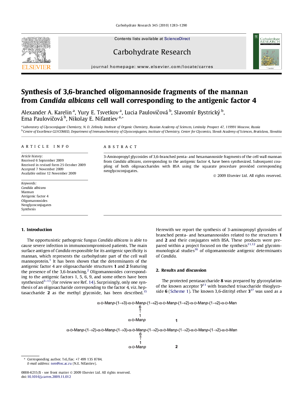 Synthesis of 3,6-branched oligomannoside fragments of the mannan from Candida albicans cell wall corresponding to the antigenic factor 4