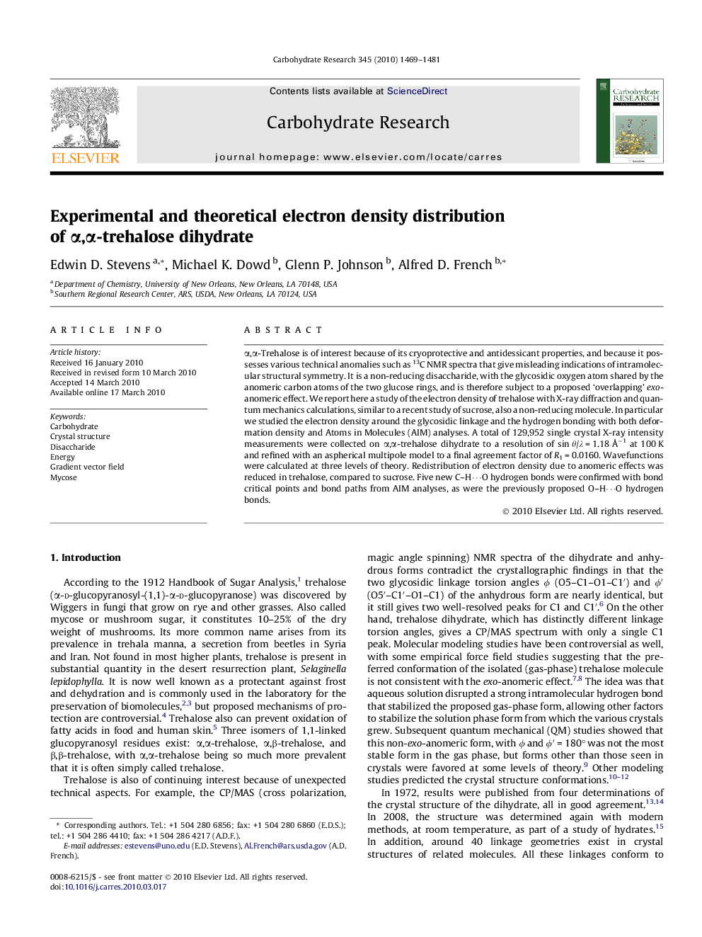 عکس صفحه اول مقاله: Experimental and theoretical electron density distribution of α,α-trehalose dihydrate Experimental and theoretical electron density distribution of α,α-trehalose dihydrate