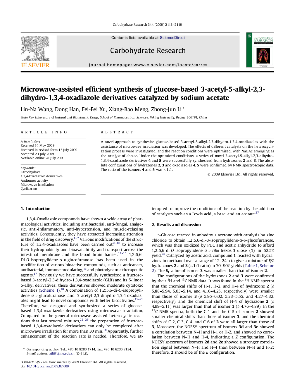 Microwave-assisted efficient synthesis of glucose-based 3-acetyl-5-alkyl-2,3-dihydro-1,3,4-oxadiazole derivatives catalyzed by sodium acetate