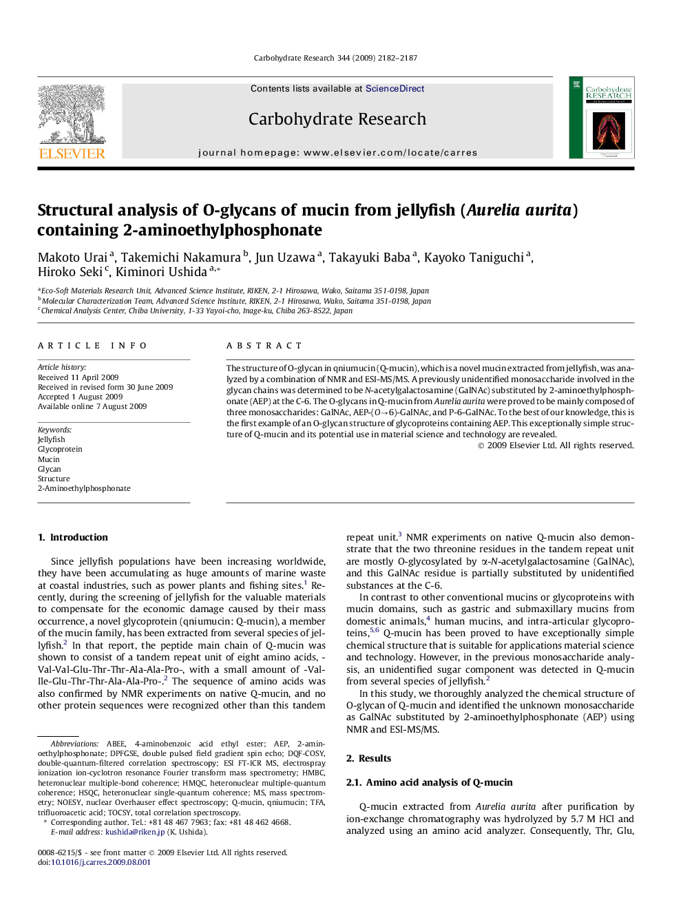 Structural analysis of O-glycans of mucin from jellyfish (Aurelia aurita) containing 2-aminoethylphosphonate