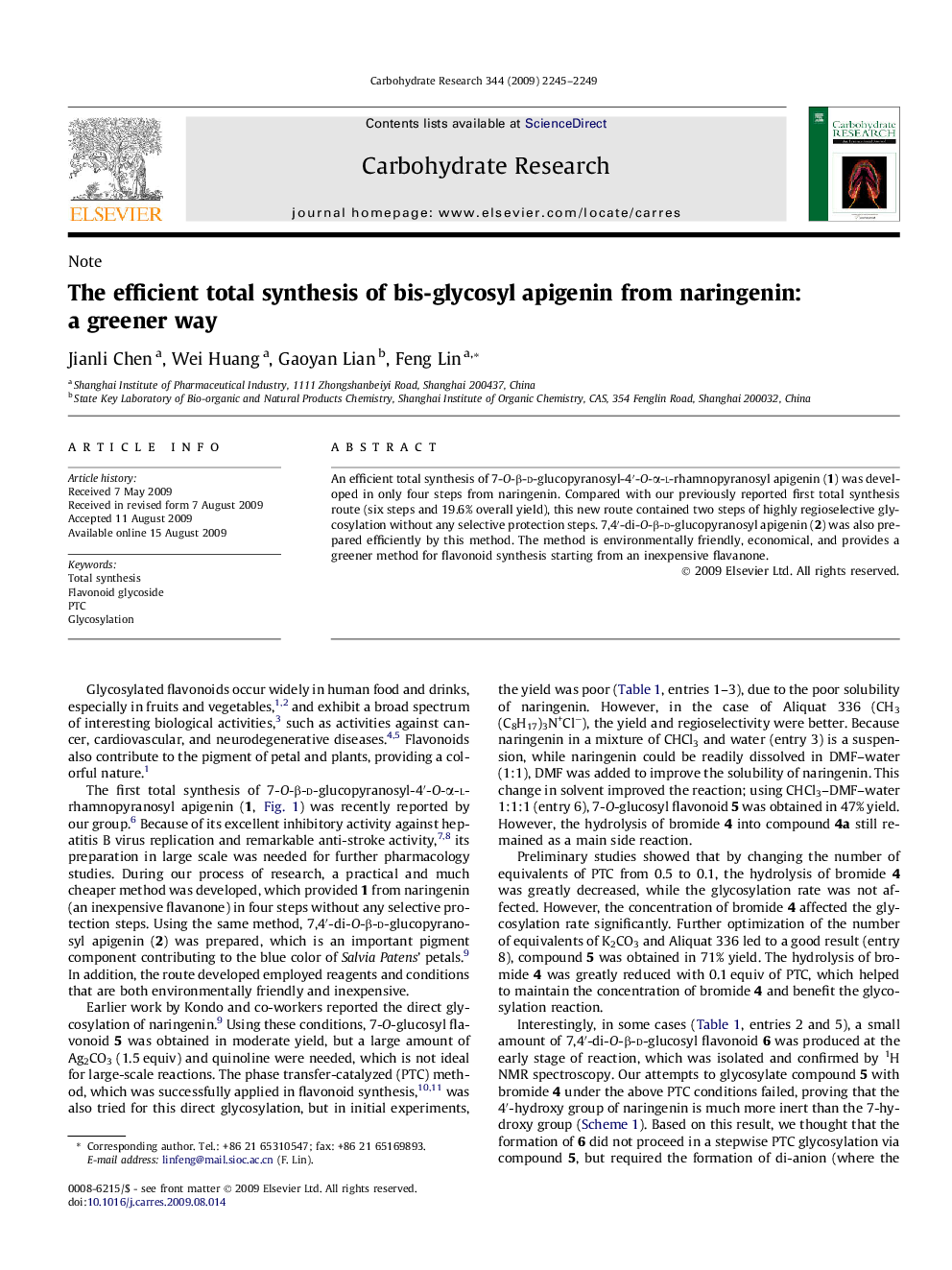 The efficient total synthesis of bis-glycosyl apigenin from naringenin: a greener way