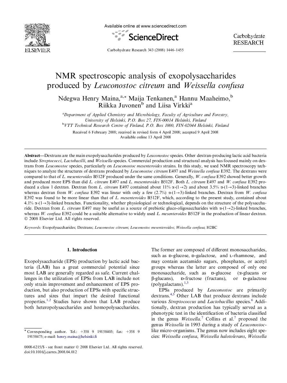 NMR spectroscopic analysis of exopolysaccharides produced by Leuconostoc citreum and Weissella confusa