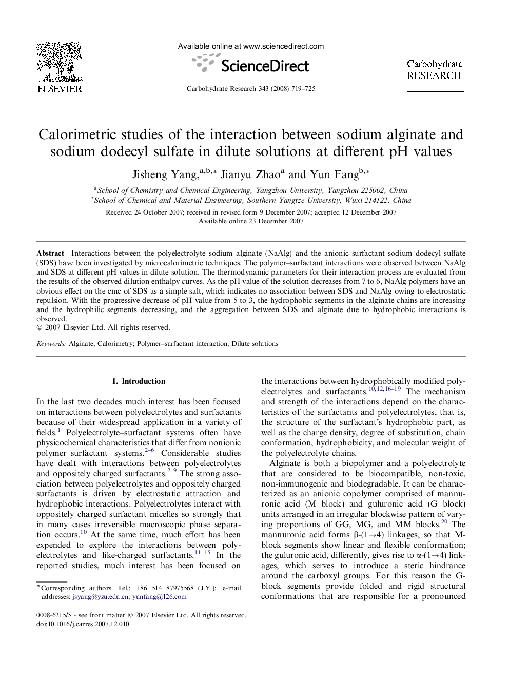 Calorimetric studies of the interaction between sodium alginate and sodium dodecyl sulfate in dilute solutions at different pH values