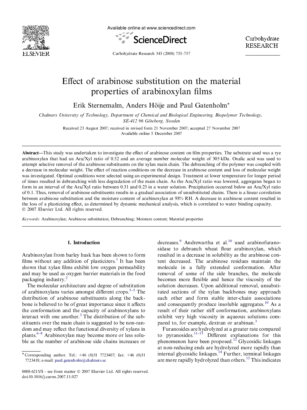 Effect of arabinose substitution on the material properties of arabinoxylan films