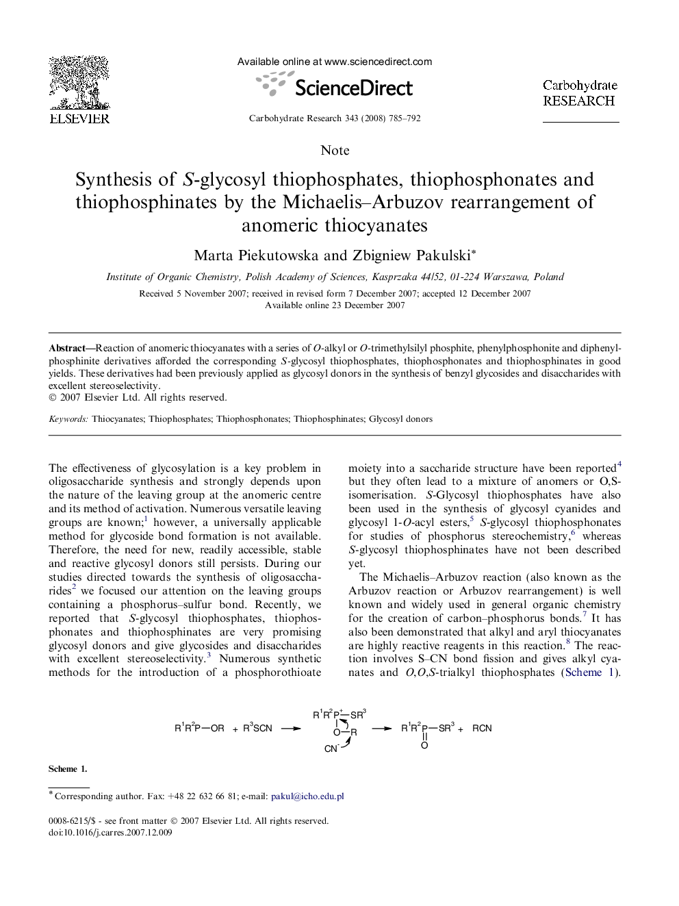 Synthesis of S-glycosyl thiophosphates, thiophosphonates and thiophosphinates by the Michaelis–Arbuzov rearrangement of anomeric thiocyanates