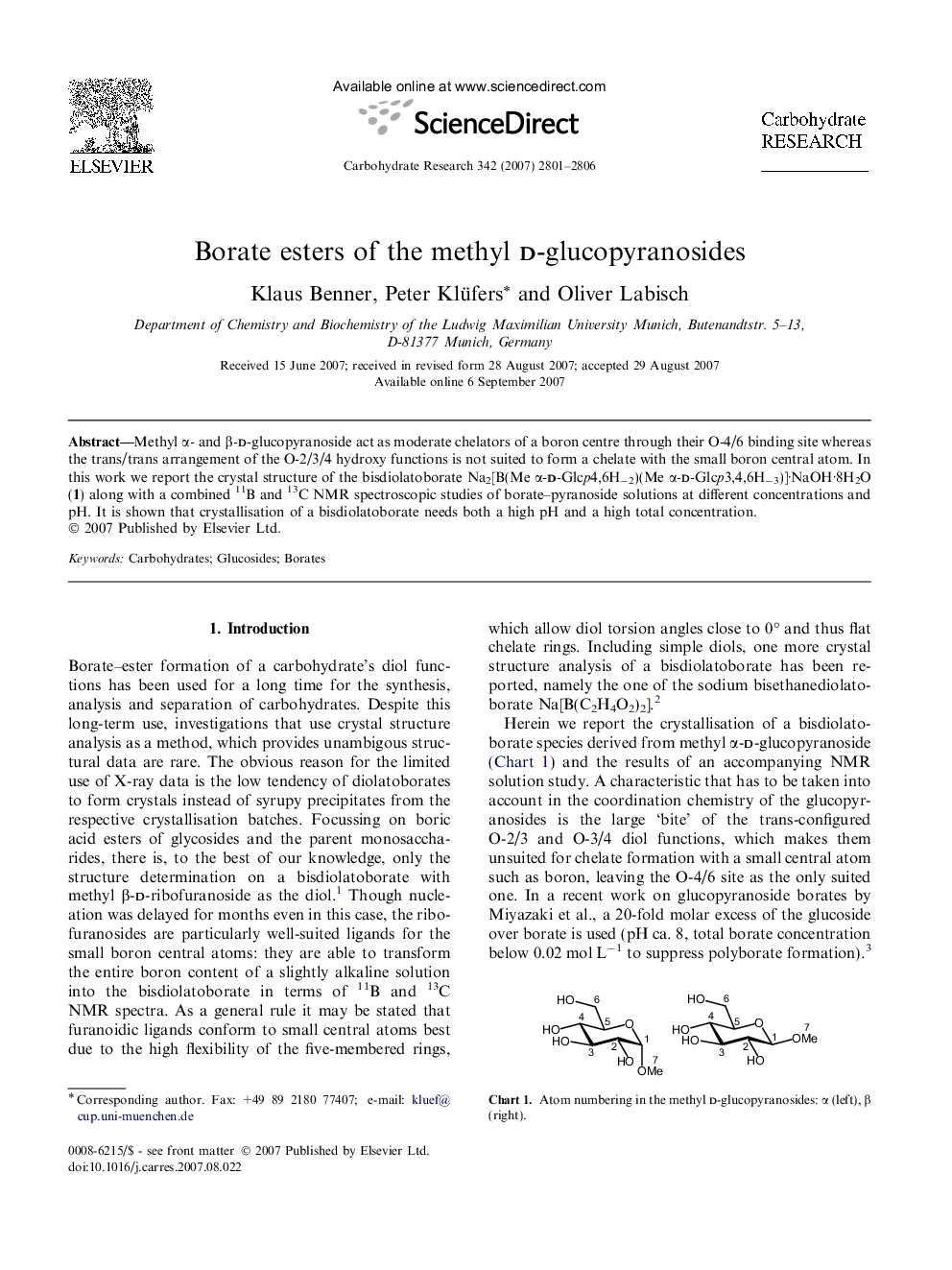 Borate esters of the methyl d-glucopyranosides