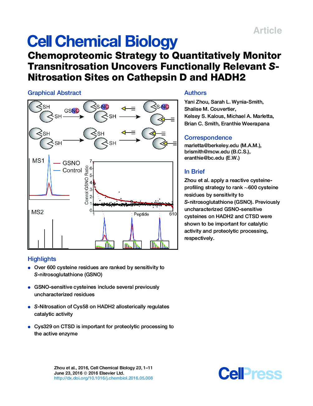 عکس صفحه اول مقاله: Chemoproteomic Strategy to Quantitatively Monitor Transnitrosation Uncovers Functionally Relevant S-Nitrosation Sites on Cathepsin D and HADH2 Chemoproteomic Strategy to Quantitatively Monitor Transnitrosation Uncovers Functionally Relevant S-Nitrosation Sites on Cathepsin D and HADH2