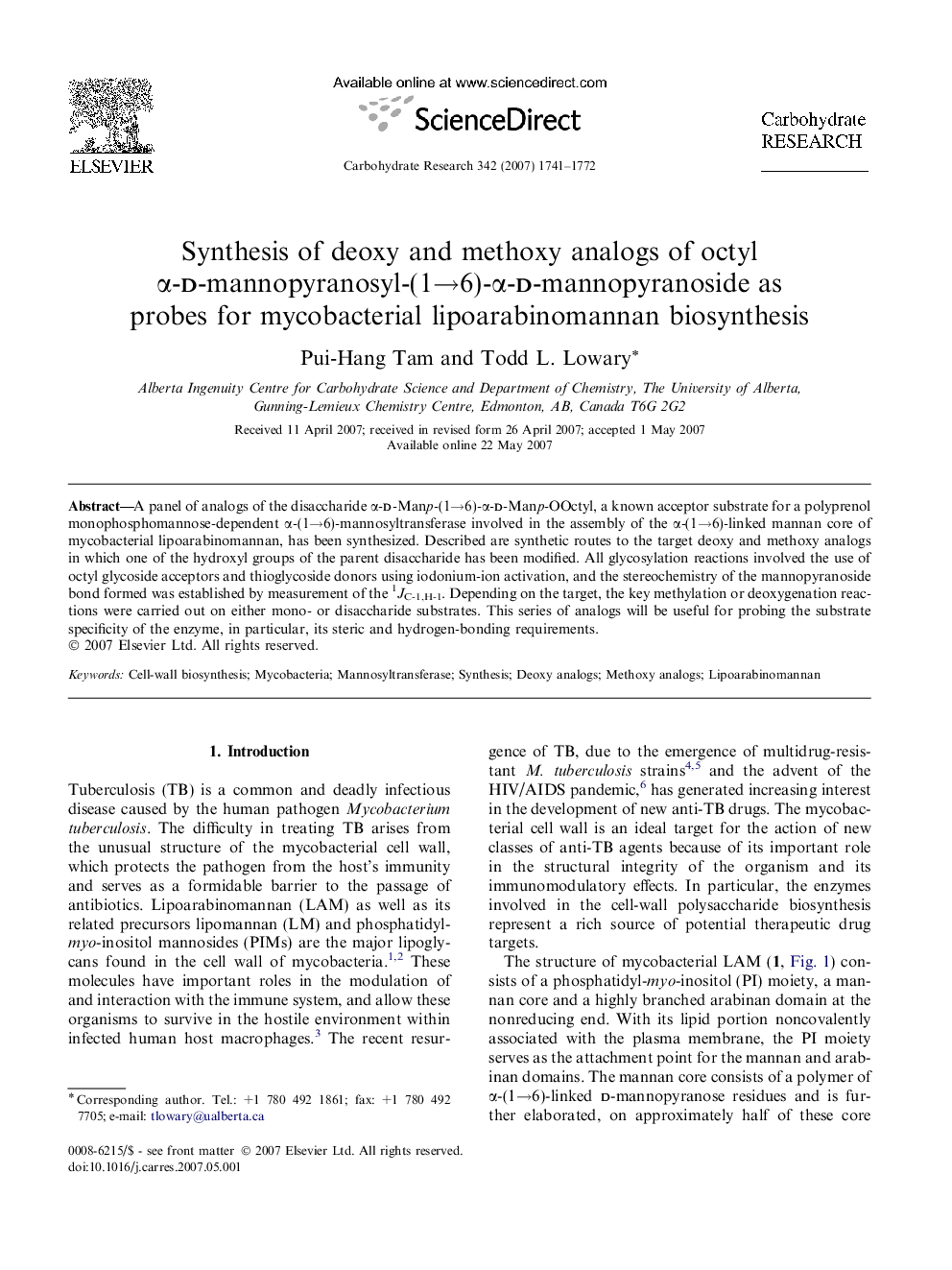 Synthesis of deoxy and methoxy analogs of octyl α-d-mannopyranosyl-(1→6)-α-d-mannopyranoside as probes for mycobacterial lipoarabinomannan biosynthesis