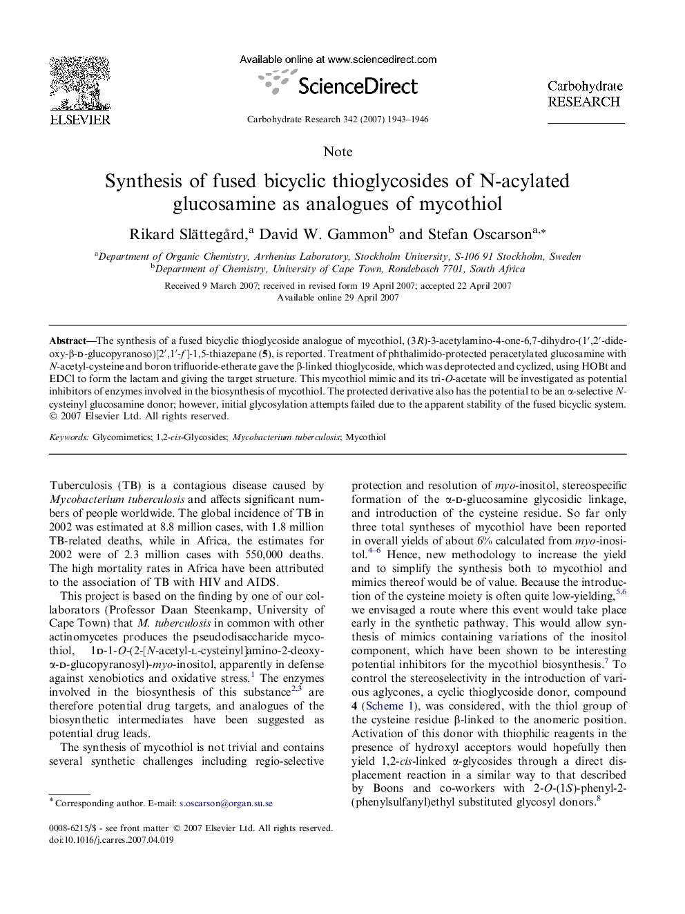 Synthesis of fused bicyclic thioglycosides of N-acylated glucosamine as analogues of mycothiol