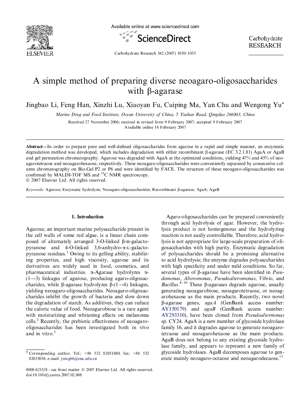 A simple method of preparing diverse neoagaro-oligosaccharides with β-agarase