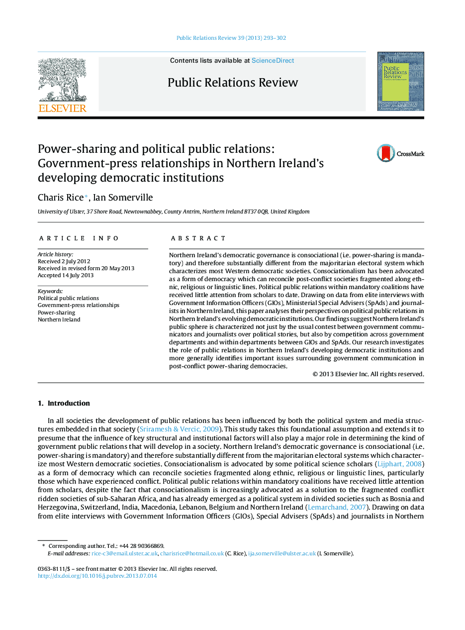 Power-sharing and political public relations: Government-press relationships in Northern Ireland's developing democratic institutions