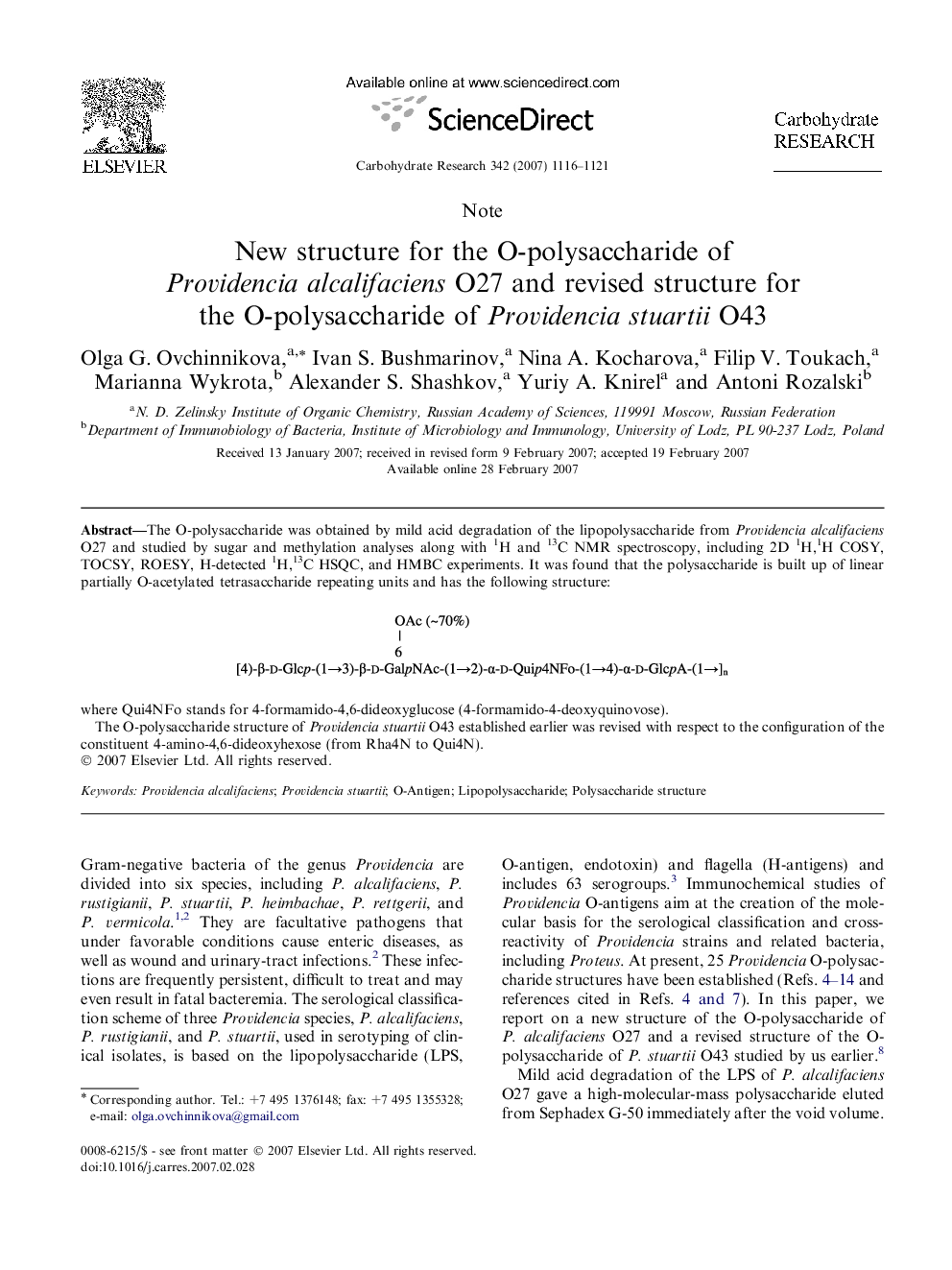 New structure for the O-polysaccharide of Providencia alcalifaciens O27 and revised structure for the O-polysaccharide of Providencia stuartii O43