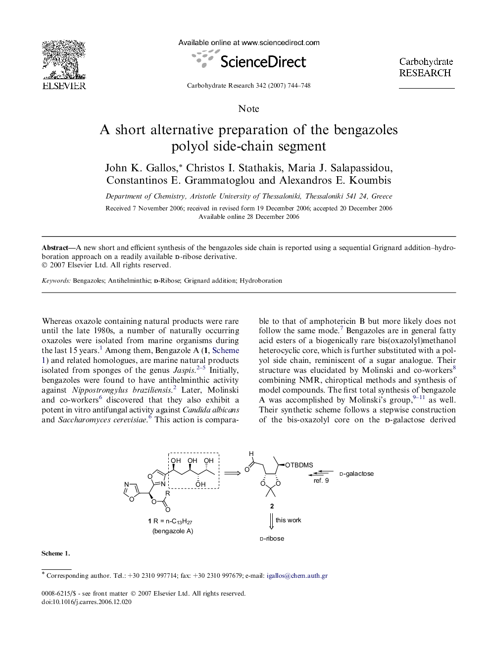 A short alternative preparation of the bengazoles polyol side-chain segment