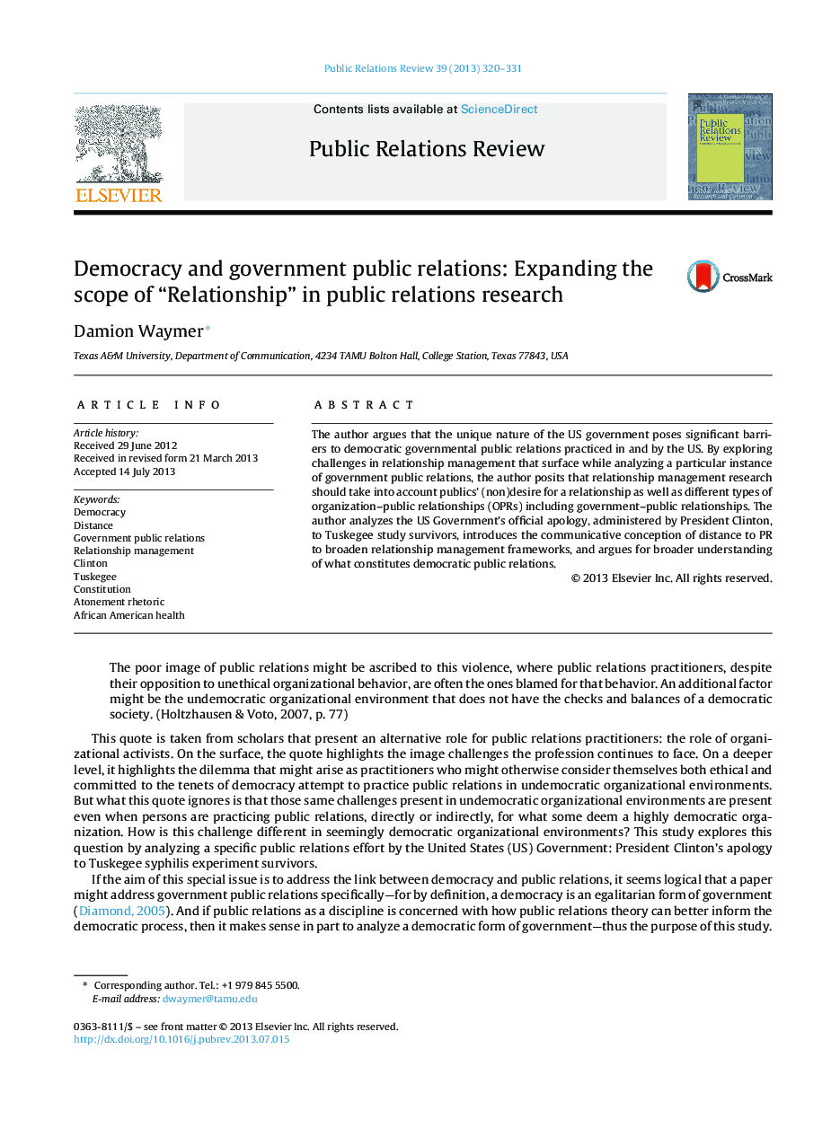 Democracy and government public relations: Expanding the scope of “Relationship” in public relations research