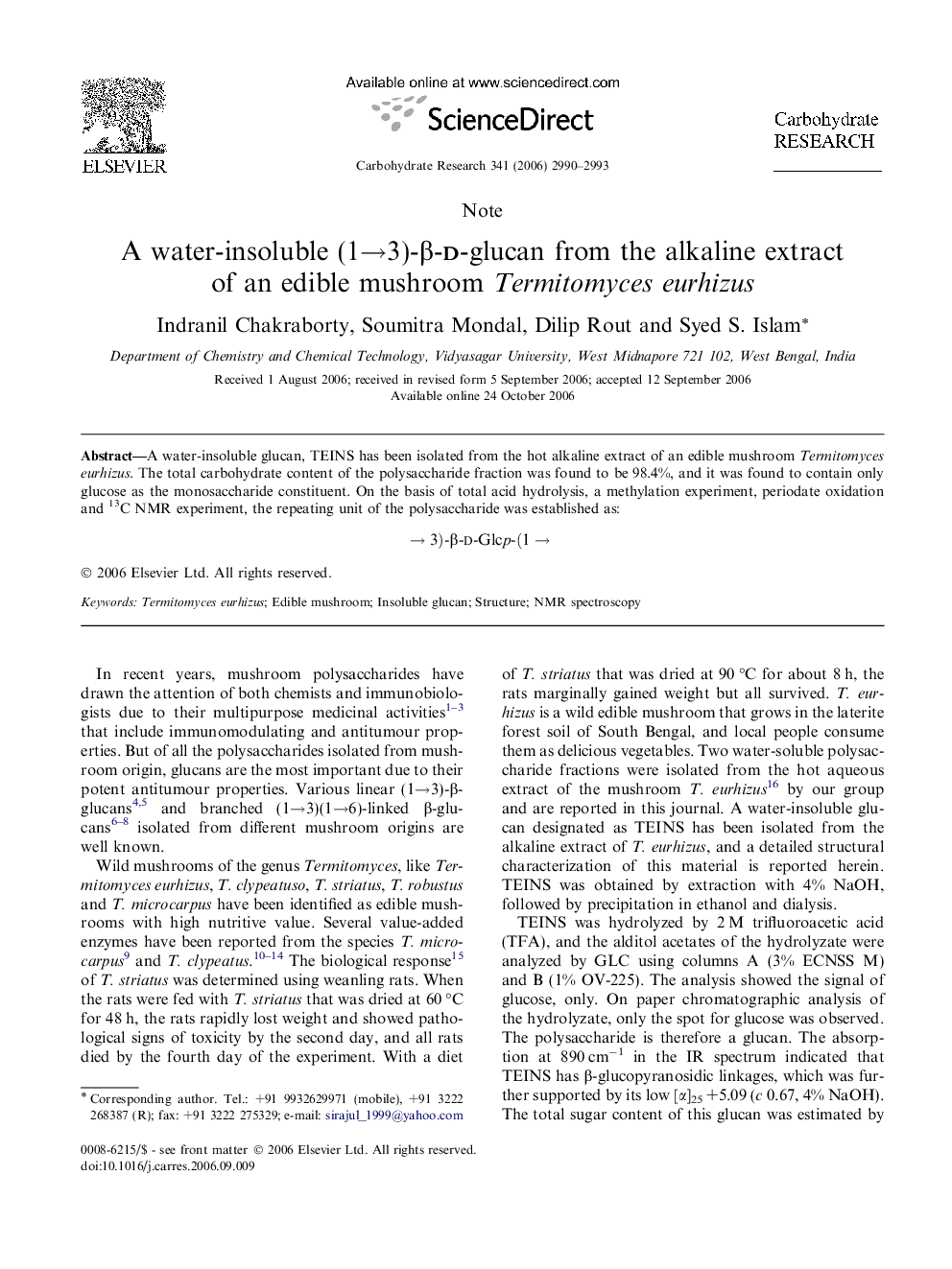 A water-insoluble (1→3)-β-d-glucan from the alkaline extract of an edible mushroom Termitomyces eurhizus