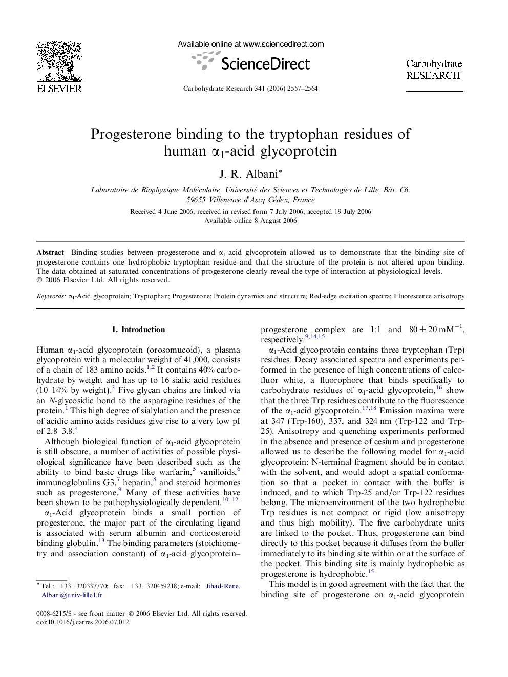 Progesterone binding to the tryptophan residues of human Î±1-acid glycoprotein