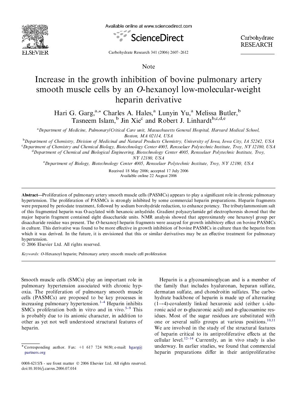 Increase in the growth inhibition of bovine pulmonary artery smooth muscle cells by an O-hexanoyl low-molecular-weight heparin derivative