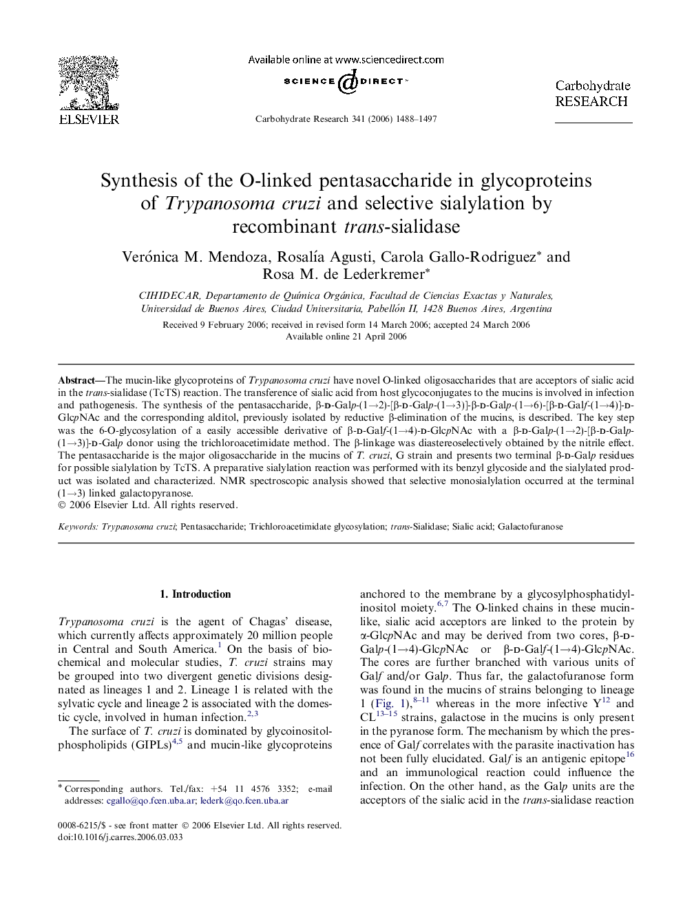 Synthesis of the O-linked pentasaccharide in glycoproteins of Trypanosoma cruzi and selective sialylation by recombinant trans-sialidase