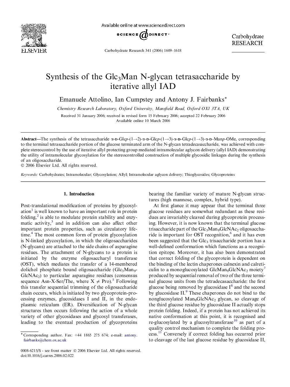 عکس صفحه اول مقاله: Synthesis of the Glc3Man N-glycan tetrasaccharide by iterative allyl IAD Synthesis of the Glc3Man N-glycan tetrasaccharide by iterative allyl IAD