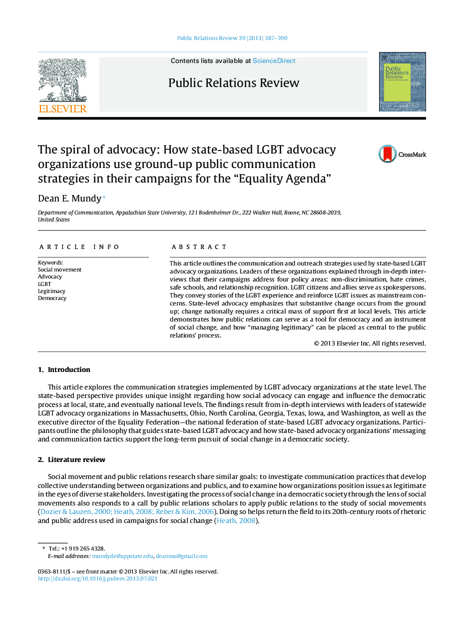 The spiral of advocacy: How state-based LGBT advocacy organizations use ground-up public communication strategies in their campaigns for the “Equality Agenda”