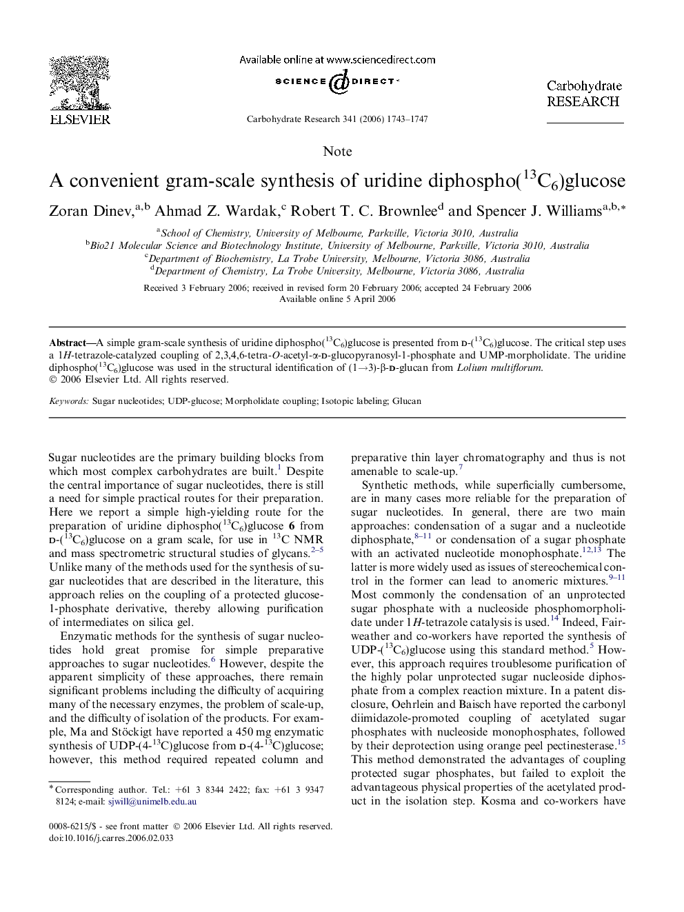 A convenient gram-scale synthesis of uridine diphospho(13C6)glucose