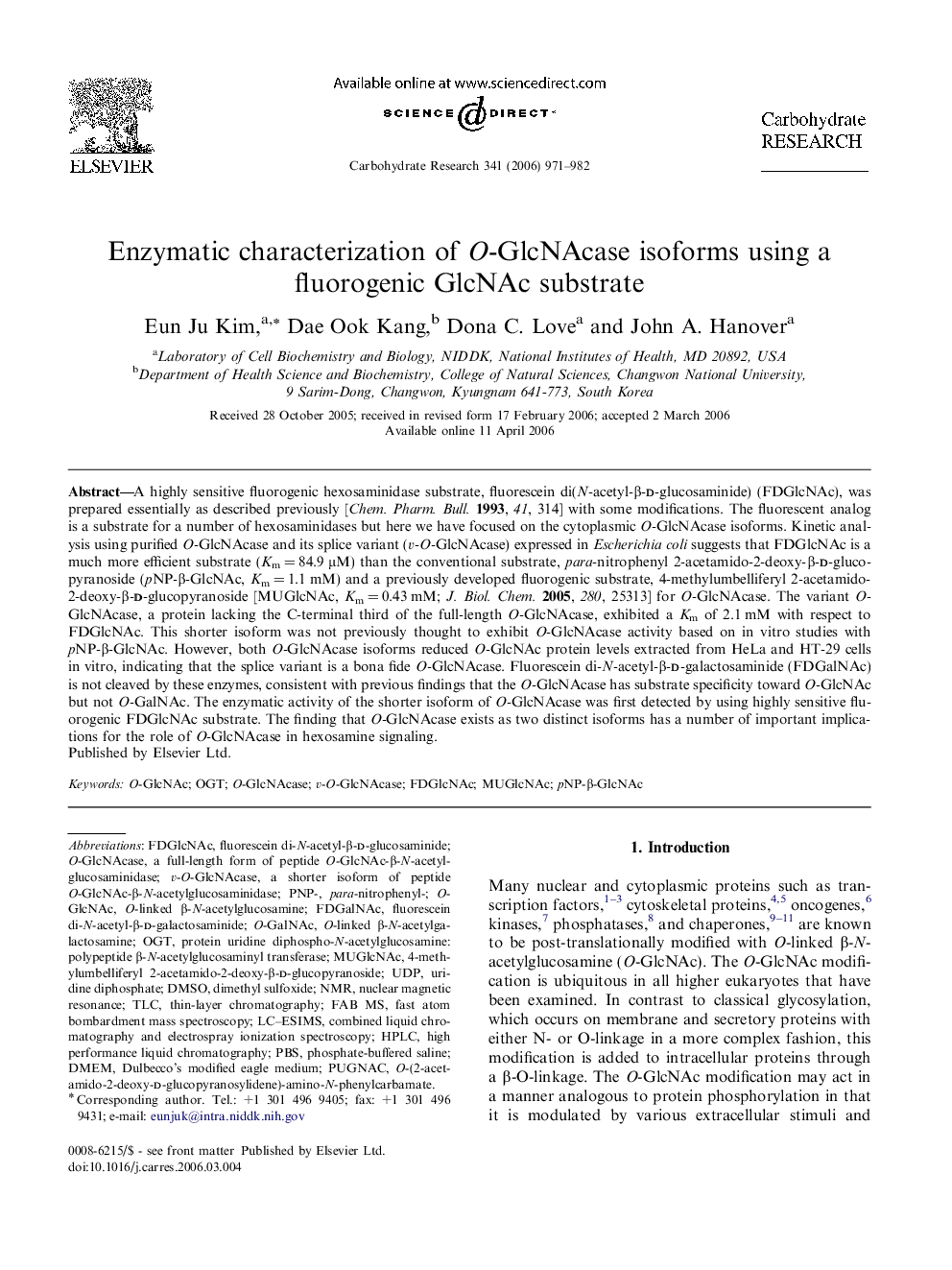 عکس صفحه اول مقاله: Enzymatic characterization of O-GlcNAcase isoforms using a fluorogenic GlcNAc substrate Enzymatic characterization of O-GlcNAcase isoforms using a fluorogenic GlcNAc substrate