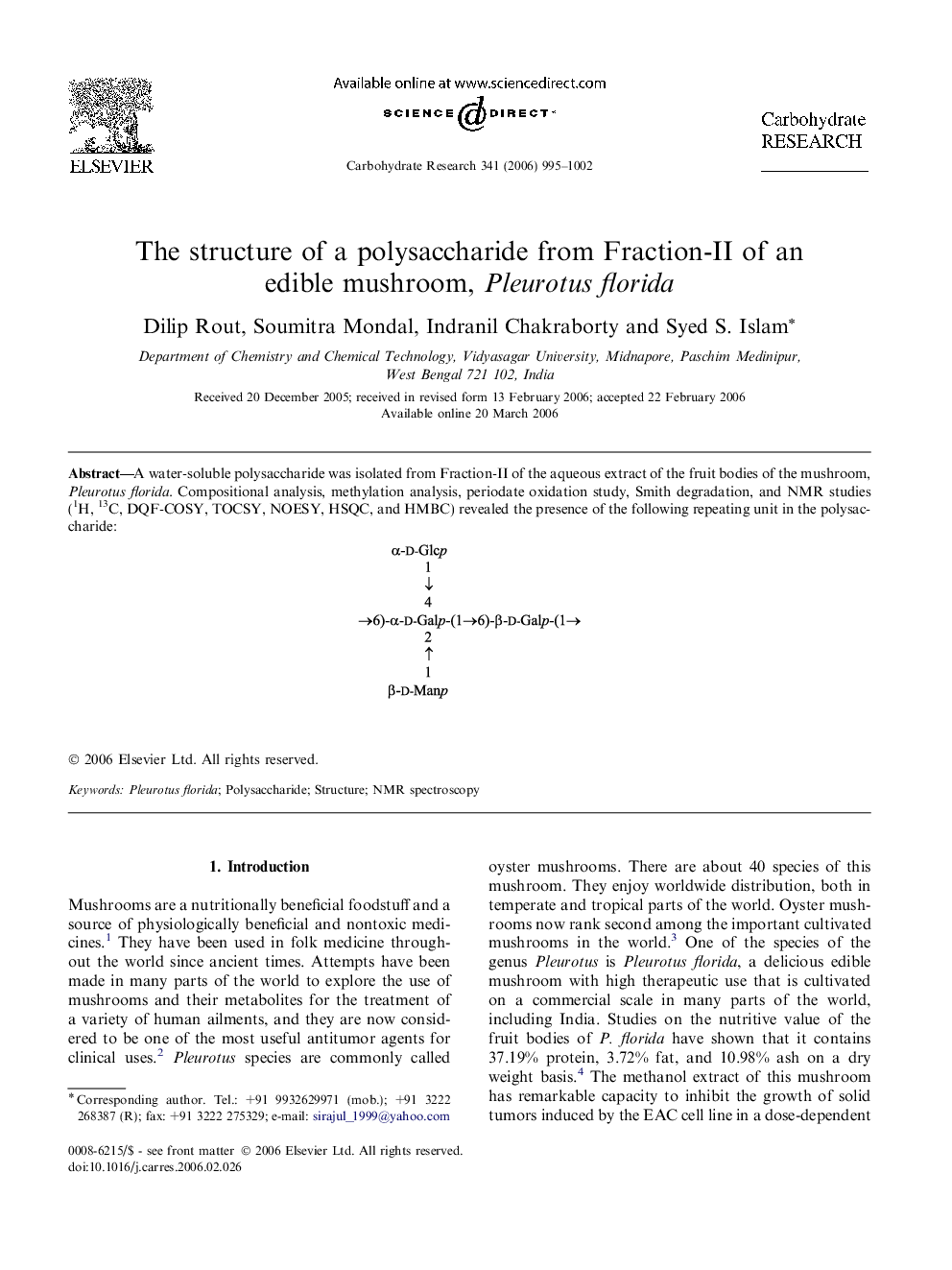 The structure of a polysaccharide from Fraction-II of an edible mushroom, Pleurotus florida