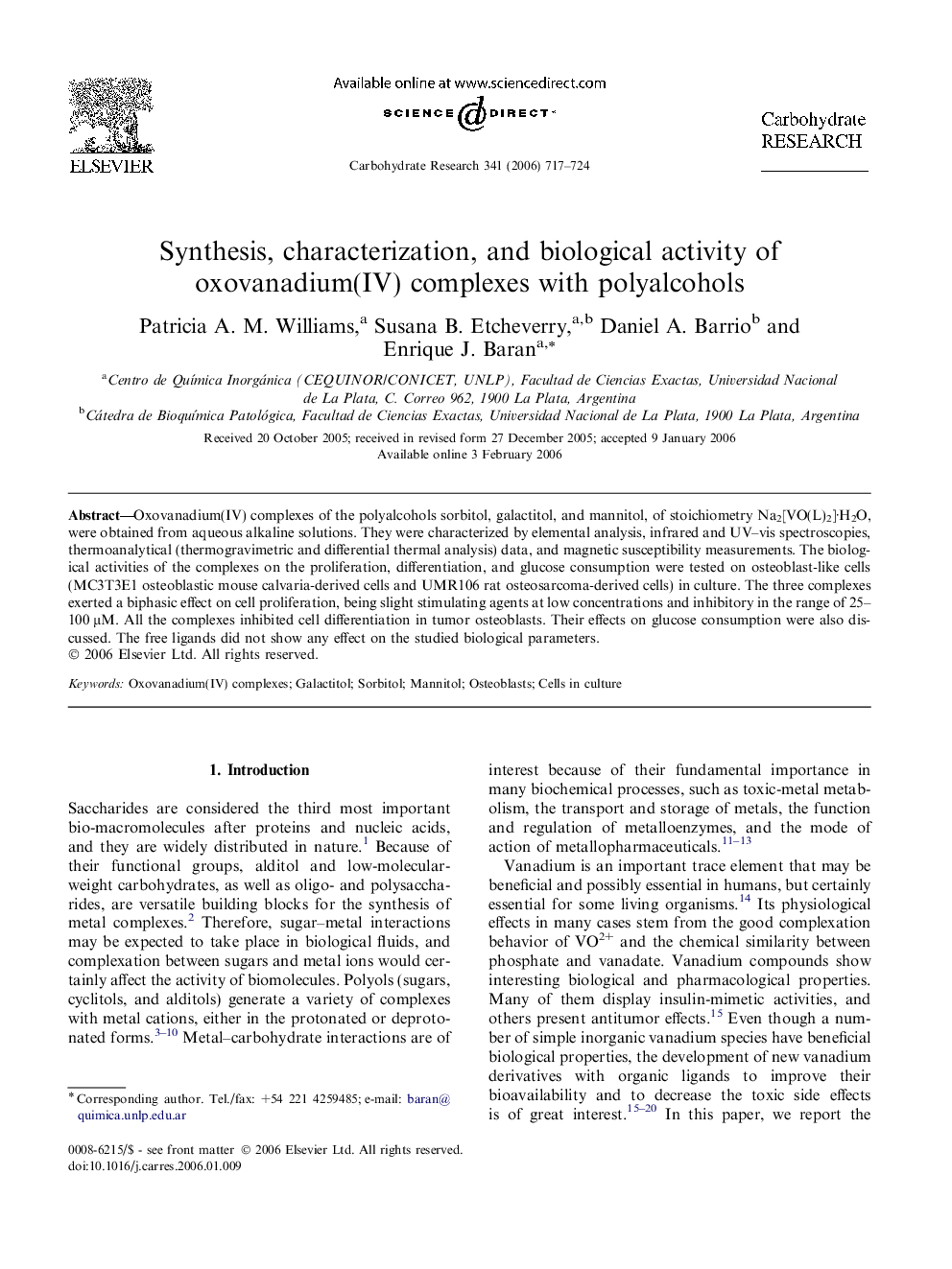 Synthesis, characterization, and biological activity of oxovanadium(IV) complexes with polyalcohols