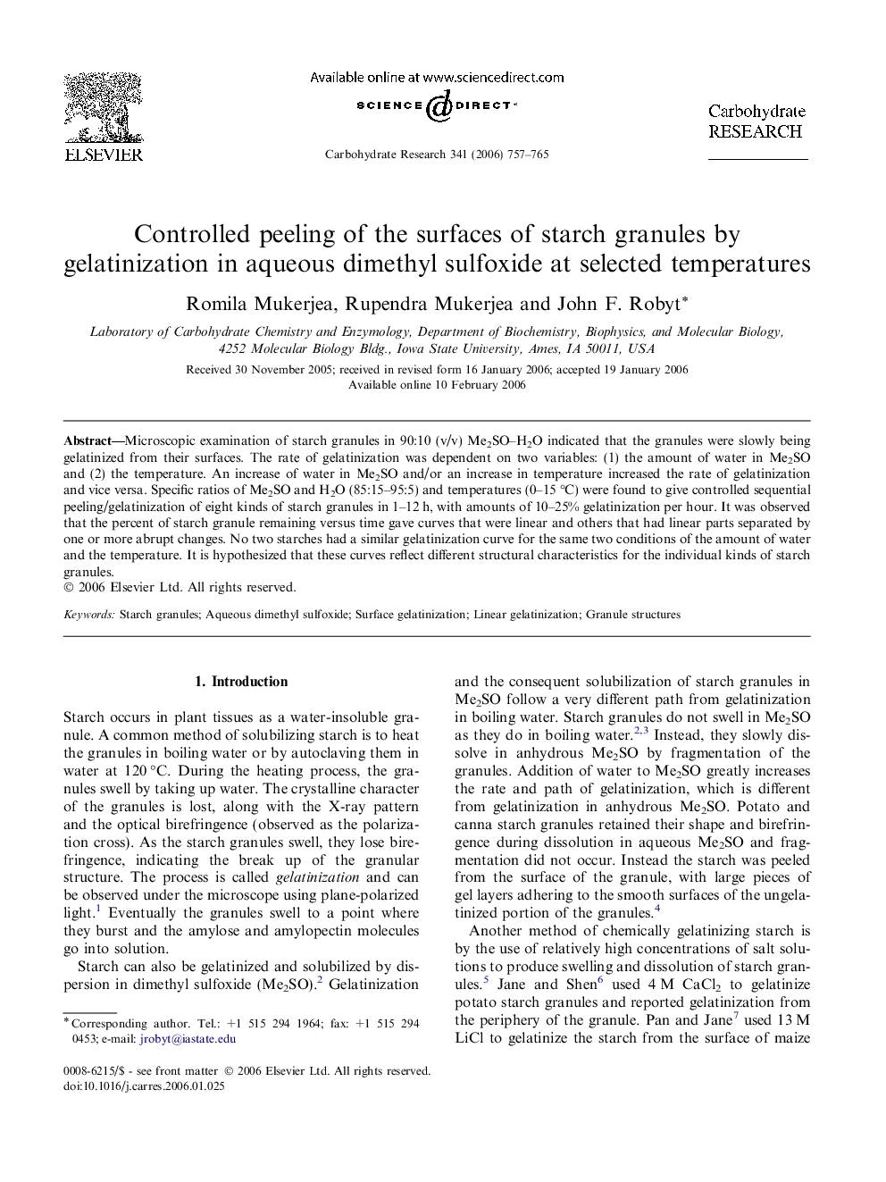 Controlled peeling of the surfaces of starch granules by gelatinization in aqueous dimethyl sulfoxide at selected temperatures