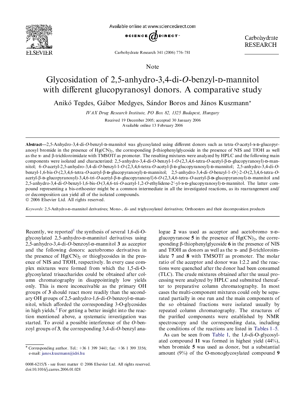 Glycosidation of 2,5-anhydro-3,4-di-O-benzyl-d-mannitol with different glucopyranosyl donors. A comparative study