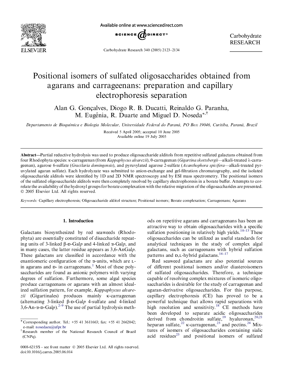 Positional isomers of sulfated oligosaccharides obtained from agarans and carrageenans: preparation and capillary electrophoresis separation